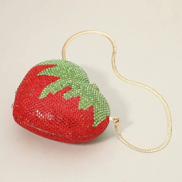Crystal Strawberry Rhinestone Heart Clutch with Gold Chain
